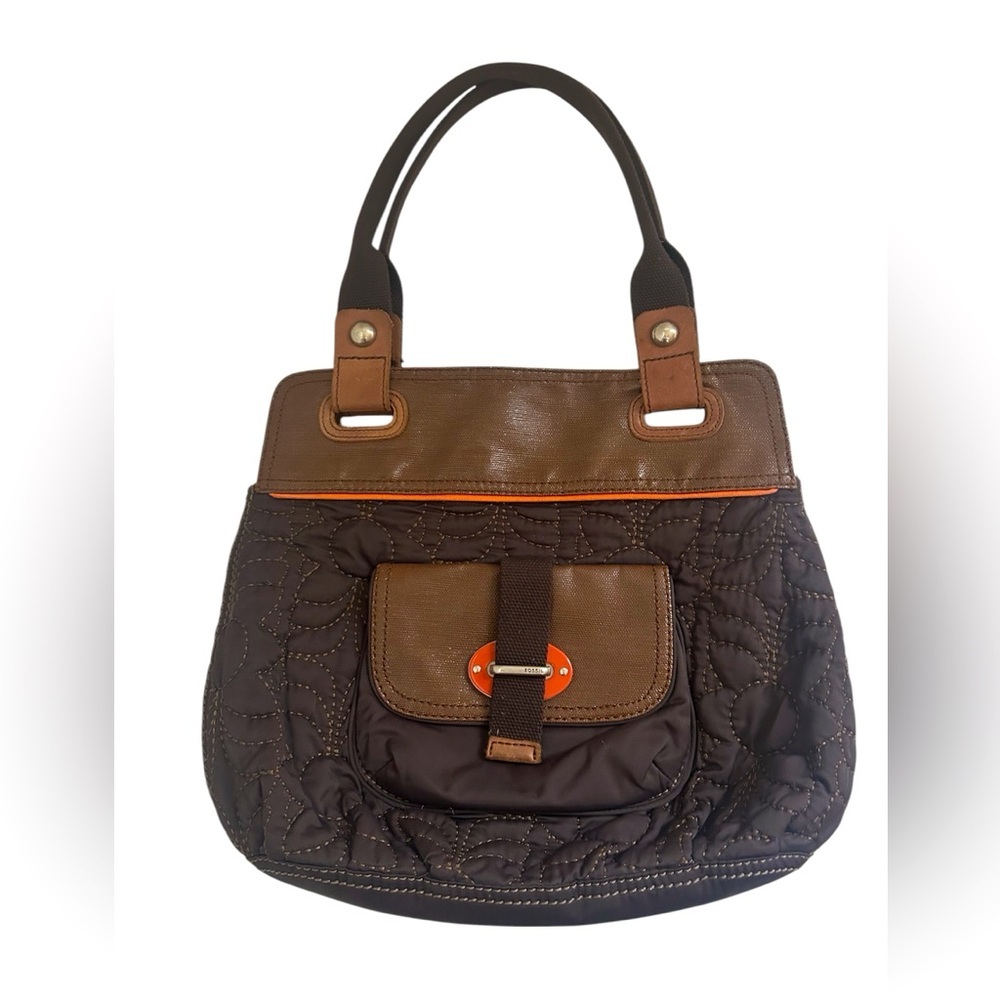 Fossil Key-Per Brown and Orange Quilted Purse in Good Condition